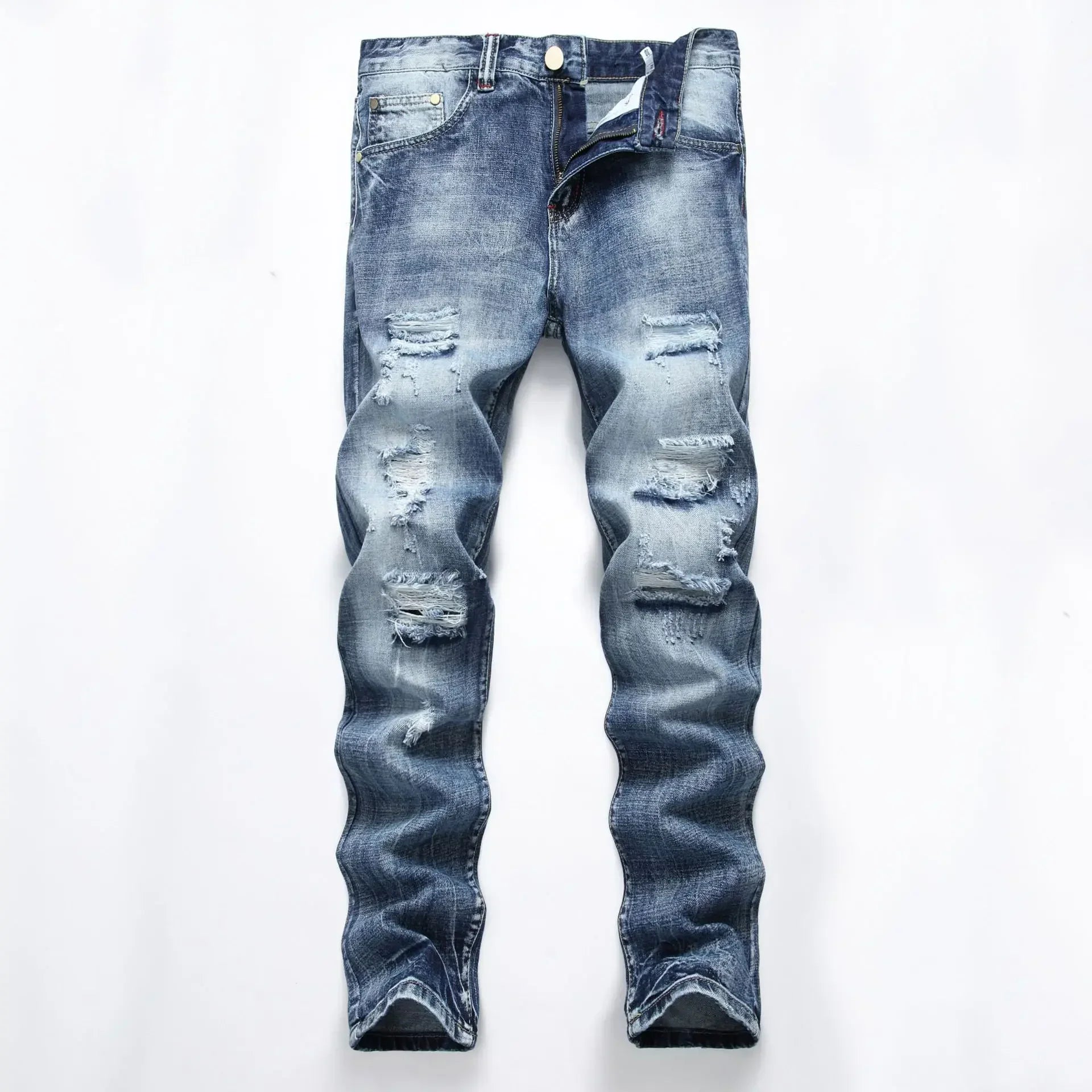 Cross-Border Men's Wear Ripped Straight-Leg Slim Fit Smooths Your Silhouette No Stretch Jeans Light-Colored Denim Trousers Amazo