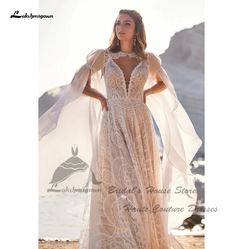 Vintag Boho Beach Wedding Dresses Detachable Lace Cape 2025 Vestidos Sexy Champagne Bridal Gowns Deep Customized