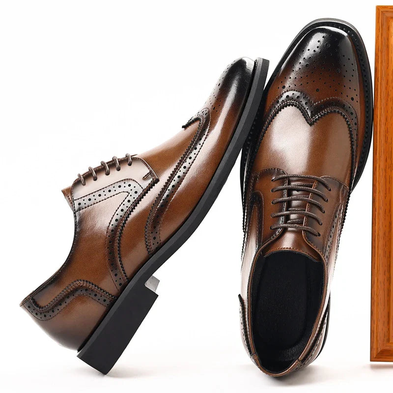 Pointed Toe Vintage Gradient Leather Wingtip Brogue Oxford Dress Shoes Lace Up Formal Business Groom Wedding Office Work Shoes