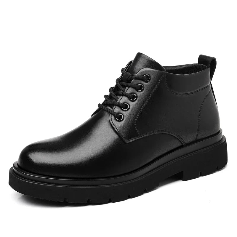 Mens Black Leather Lace Up Mid Top Boots Winter Warm Formal Business Office Wedding Shoes Black Work Boots Fashionable Dad Shoes