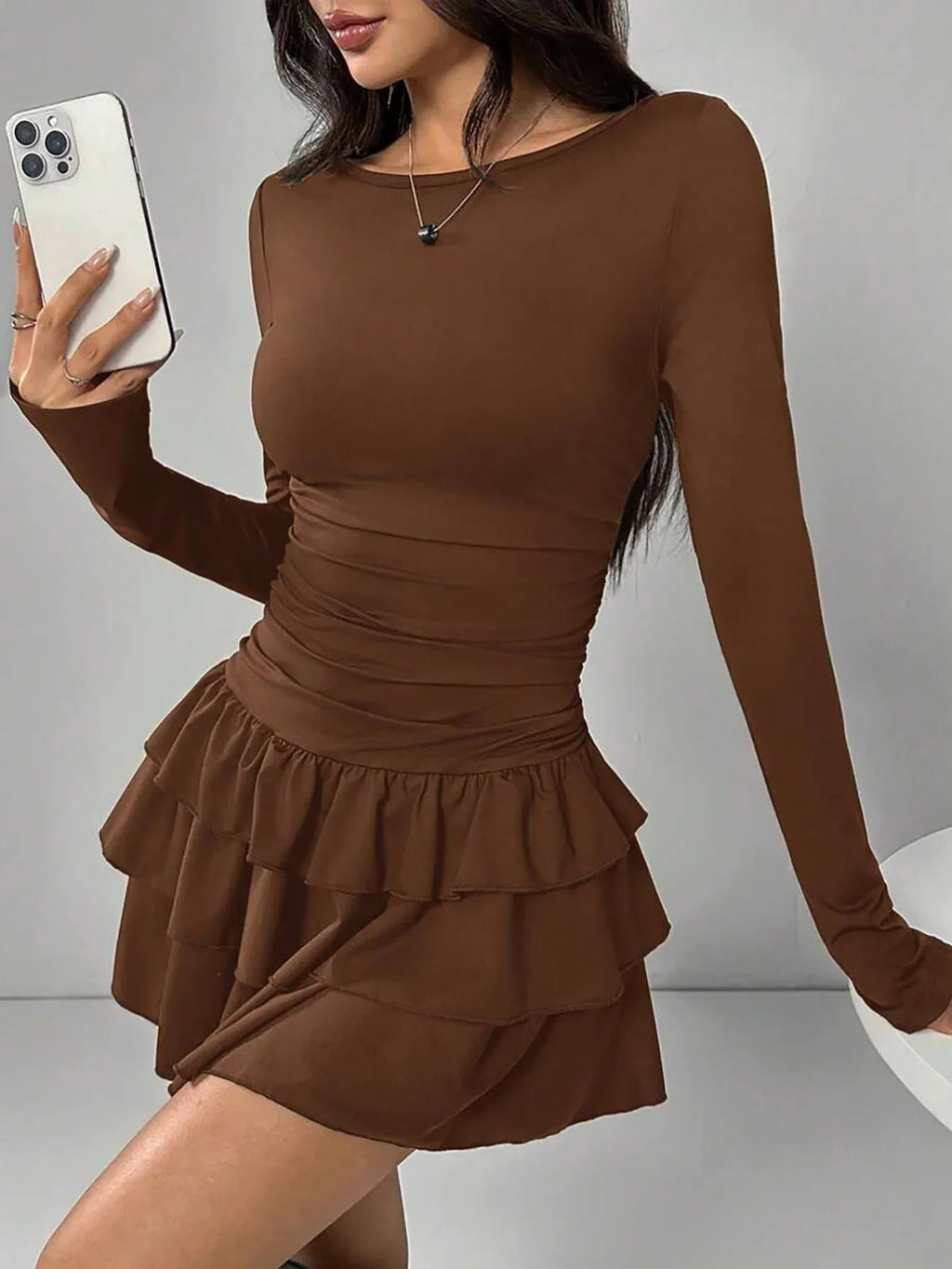 Autumn Winter Solid Color Slim Fit Cascading Ruffles Mini Dress Women Elegant Flare Sleeve High Waist Sexy Party Bodycon Dresses