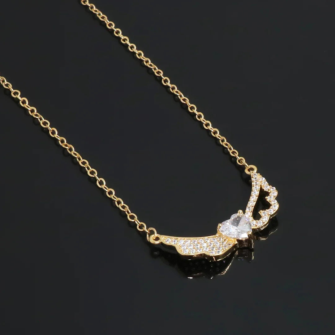 Delicate Women 24K Gold Plated Zircon Angel Wing Chain Pendant Necklace