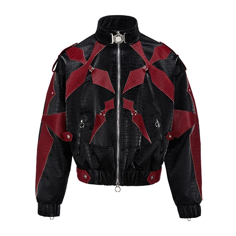 Spring Autumn Cool Handsome Crocodile Print Patchwork Pu Leather Jacket Men Color Block Luxury Designer Clothes 2024