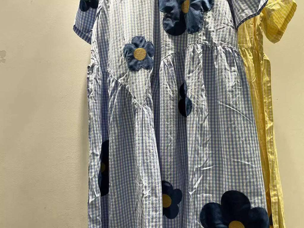 2026 girl sweet blue yellow striped floral embroider patchwork dress for women summer Japan style 100% cotton long dress