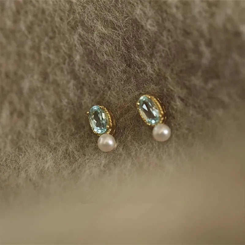925 Sterling Silver Blue Zircon Pearl Stud Earrings for Women Korean Simple Temperament Jewelry Accessories