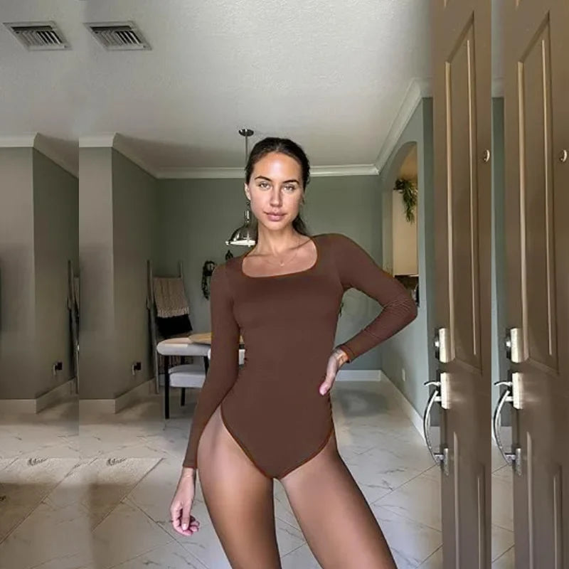 GUUDIA Open Crotch Big U Neck Seamless Bodysuit Long Sleeve Spandex Elastic Body Suit Shapewear Tummy Control Waist Shapers