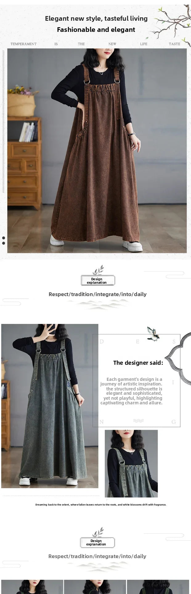 Retro Crtsmanip Loose Fit Slimming Denim Overalls Long Skirt Dr Spring Summer Autumn Winter A-Line Straight Cut Gown