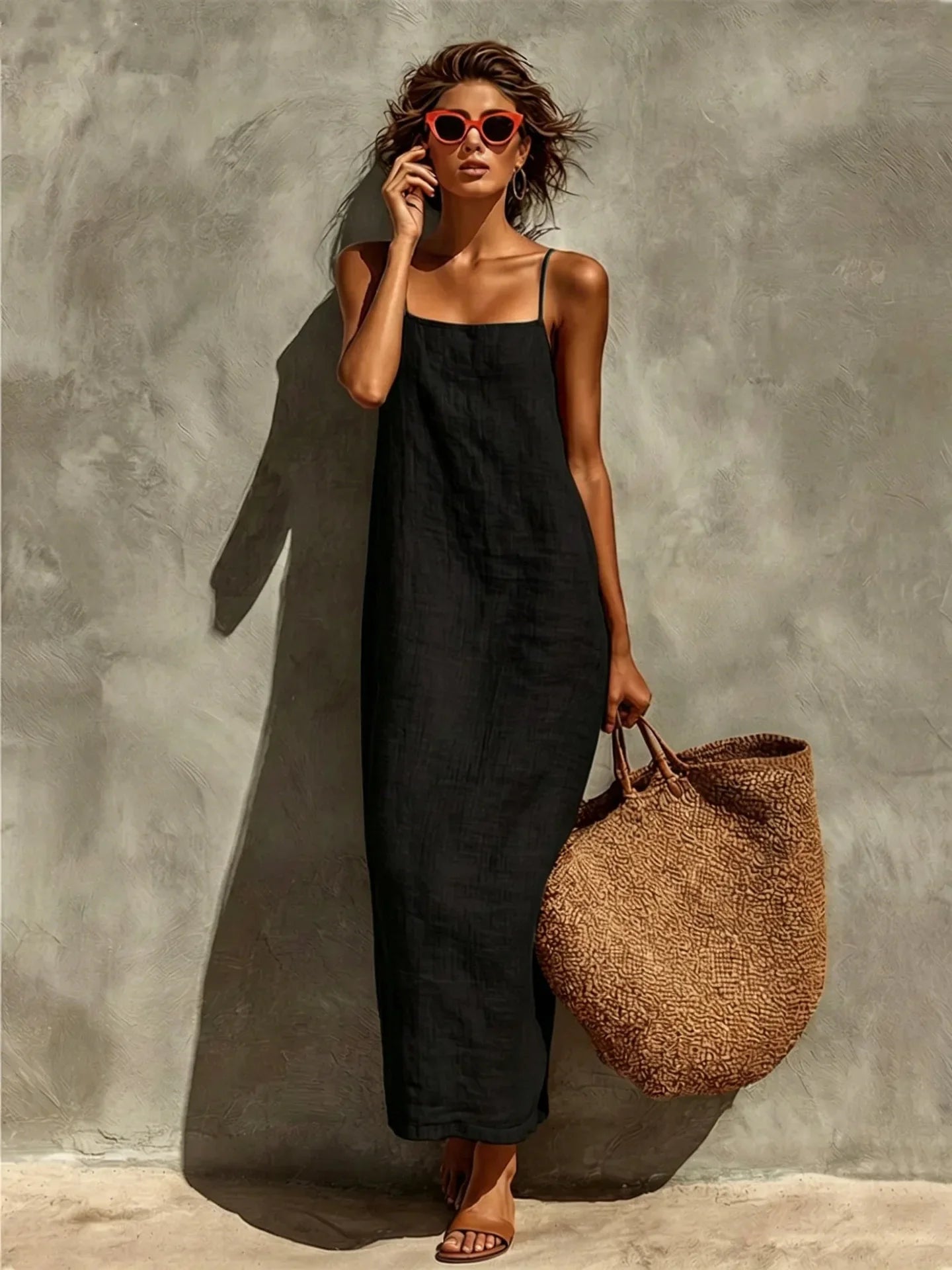2026 Summer New Women Solid Color Spaghetti Strap Dress Loose Casual Comfortable Sundress