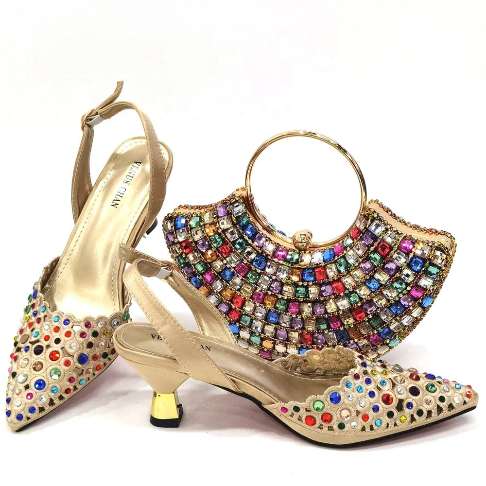 High Heel Gold Color Atmospheric Luxury Pattern With Rhinestones Party Ladies Shoes