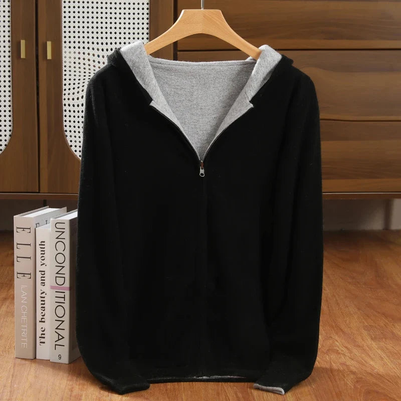 Double-Sided Hooded Zippered Men's Cashmere Cardigan Autumn and Winter Contrasting Color Thickened Loose Casual Knitted Sweater