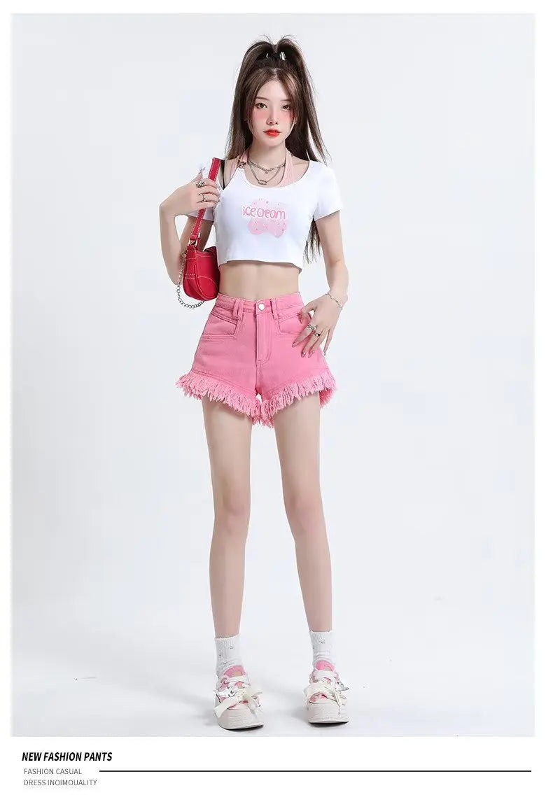 Women's Pear-shaped Friendly Denim Shorts 2026 Summer New High Waist Frayed Hem Casual Streetwear Wide Leg Hot Pants
