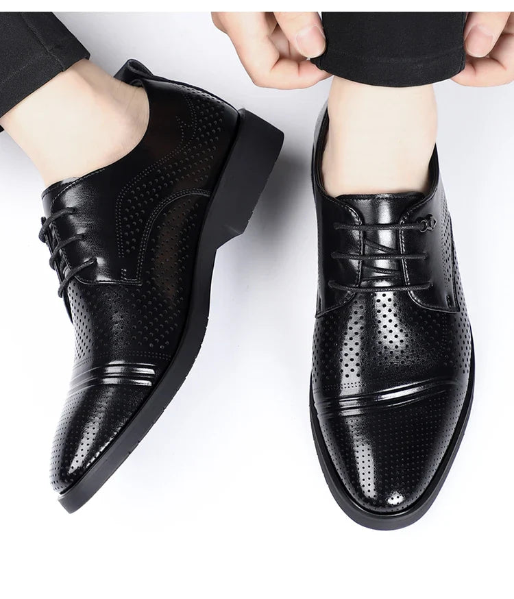 Men's Summer Breathable Leather Shoes Hollow out Fashionable Slip-On Comfortable Anti-Slip Soft Bottom Derby Shoes-SJ2501-1