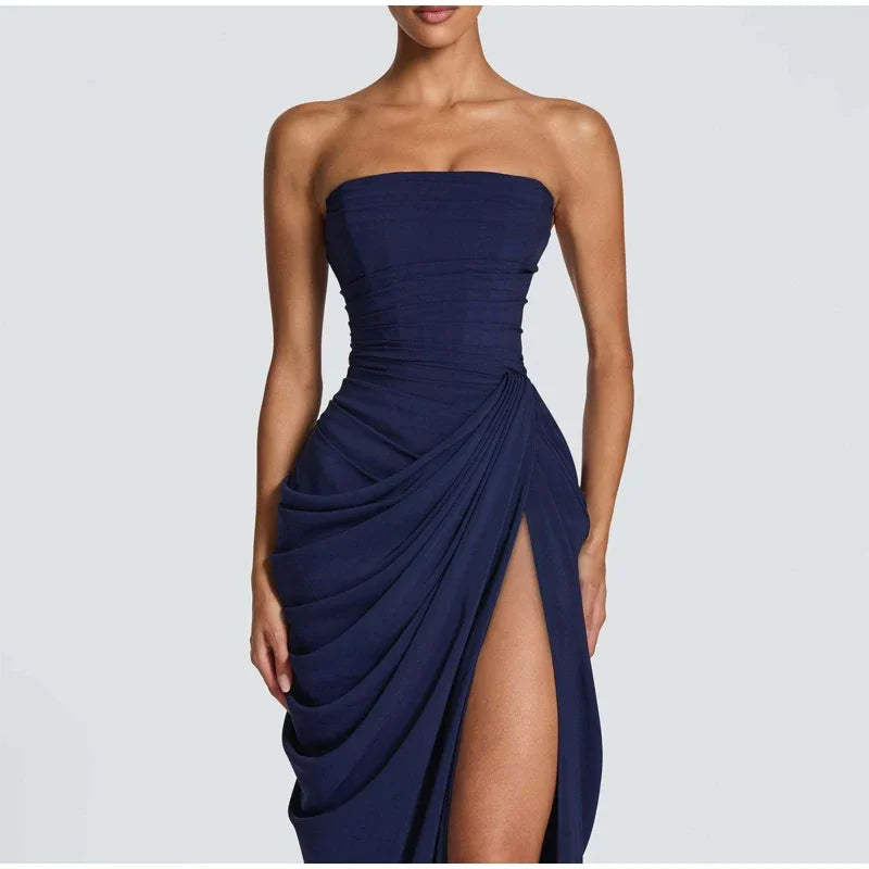 Women Strapless Pleated Long Dress Elegant Solid Split Sleeveless Backless High Waist Slim Fit Maxi Dresses 2026 Lady Party Robe