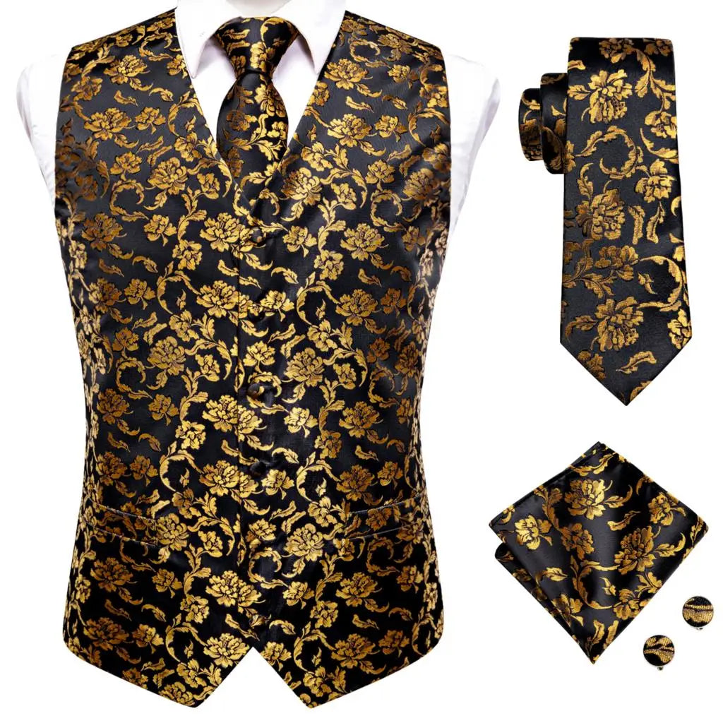 Fashion Silk Vest For Men Classic Gold Champane Yellow Waistcoat Jacket Tie Hankerchief Cufflinks Sets Dress Suit Wedding Hi-Tie