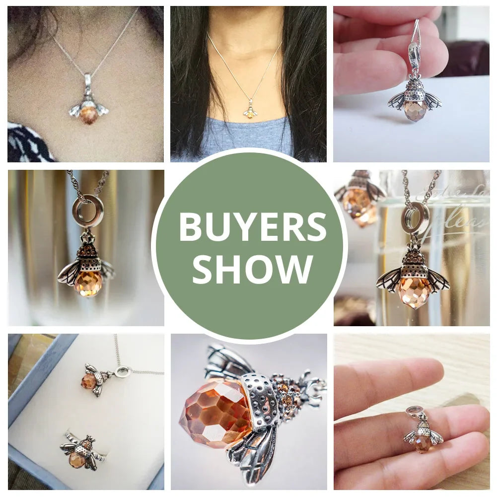 925 Sterling Silver Lovely Orange Bee Insect Pendant Necklace for Women 14K Gold Plated Jewelry Birthday Gift 2 Colors