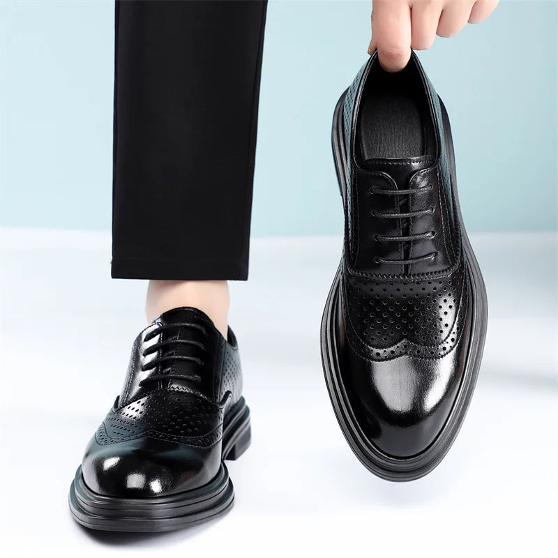 Spring Summer Hallow Leather Shoes for Men 3 6 8cm Increase Fashion Dress Shoes Male Black Business Casual Shoes Man