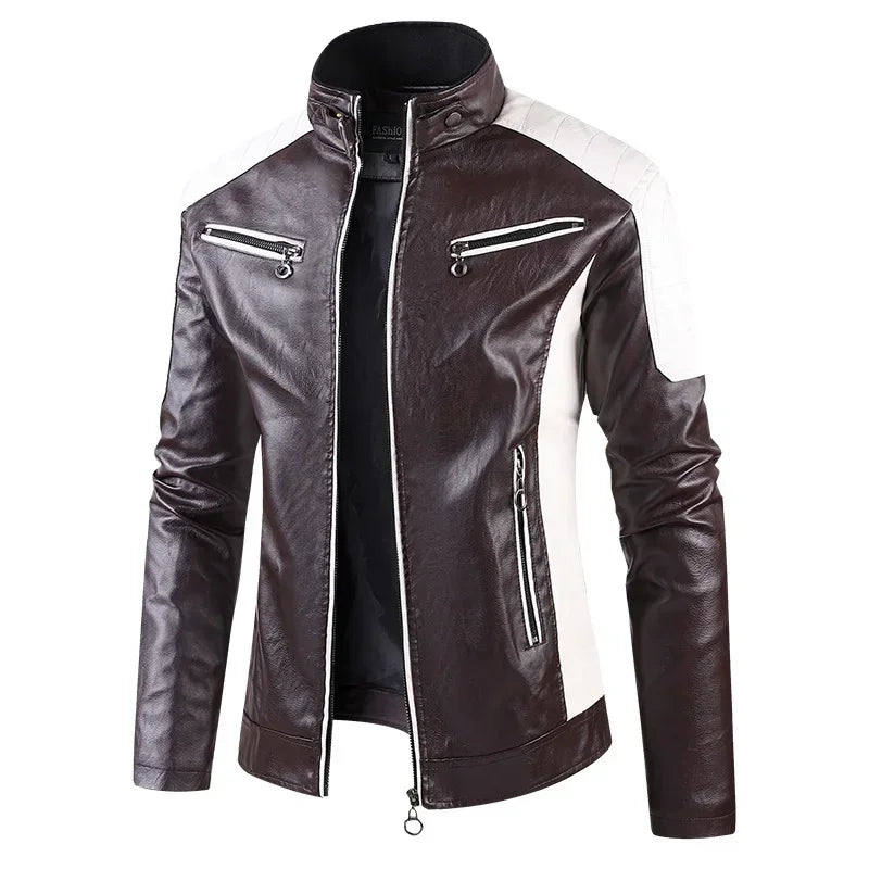Patchwork Motorcycle Jacket Men ,Leather Jacket, Color-blocking Stand-up Collar Coats, PU Motorcycle Jacket, Motorbike Jacket