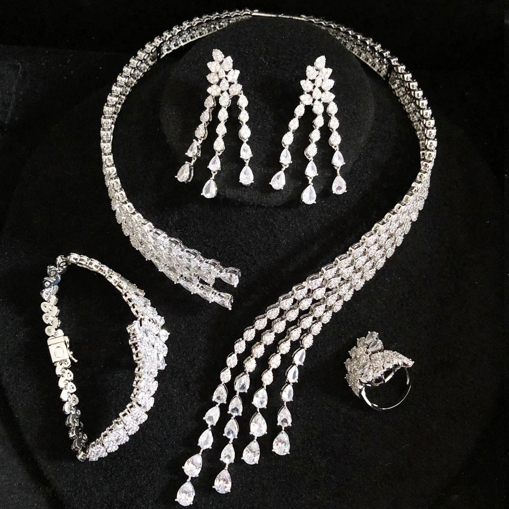 Trendy 4PCS Luxury Turquoise Statement Jewelry Sets For Women Wedding Cubic Zircon Indian African Dubai Bridal Necklace