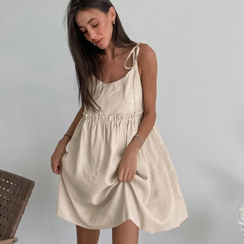 Women's Cotton Linen Spaghetti Strap Mini Dress Summer Loose A-Line Beach Vacation Dress Female Fashion Streetwear Dress