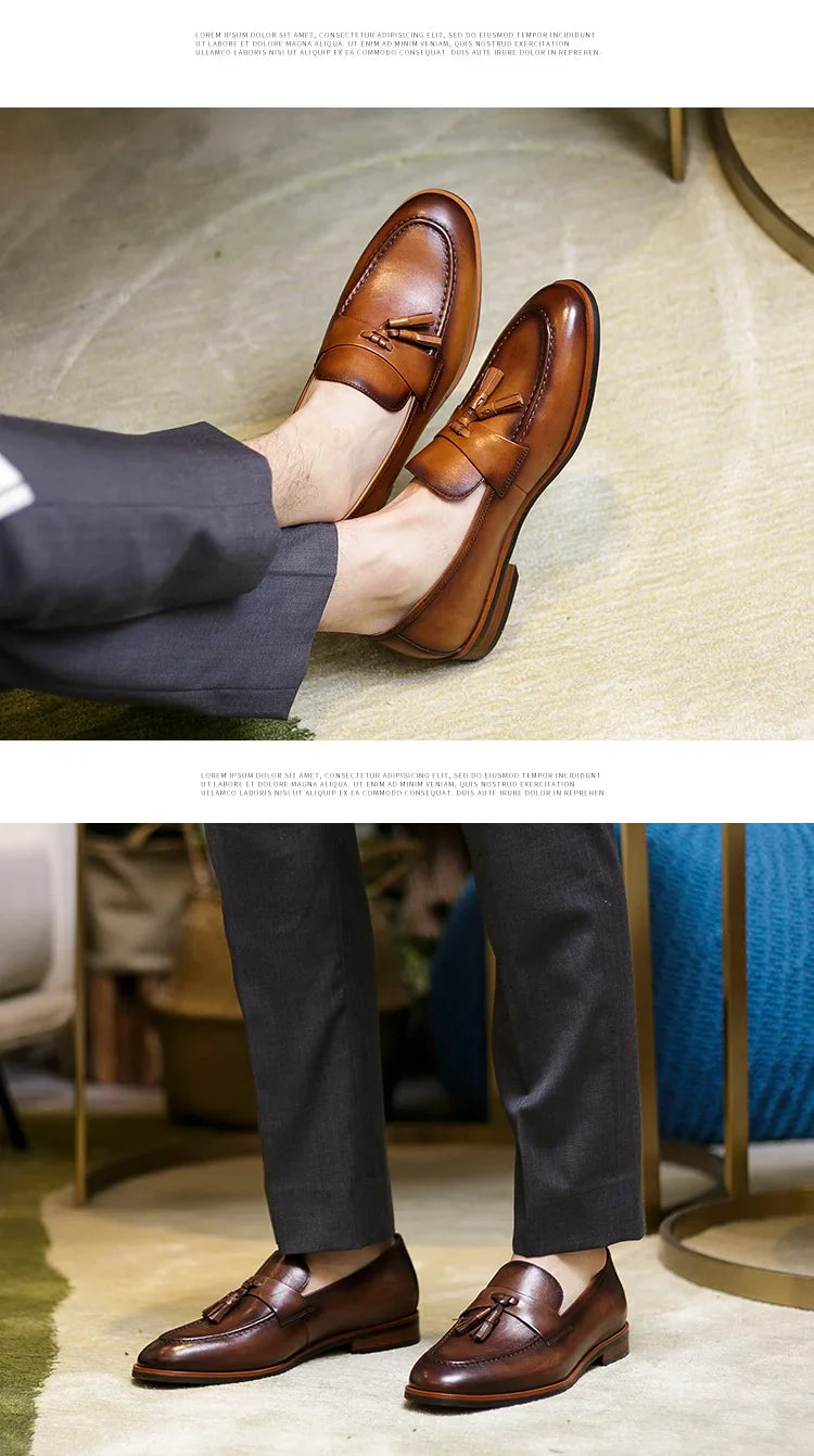 High-end Quality Retro Men's Shoes Fashion Casual Leather Shoes Head Cowhide Tassel Loafers Men Moccasins Italian Large Size 46