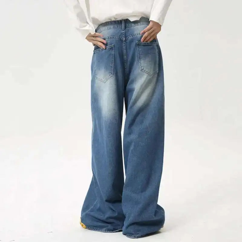 IEFB High Street Men's Jeans New Summer Water Washed Folded Draping Wide Leg Trendy Denim Pants Spring Casual Straight 9C6100