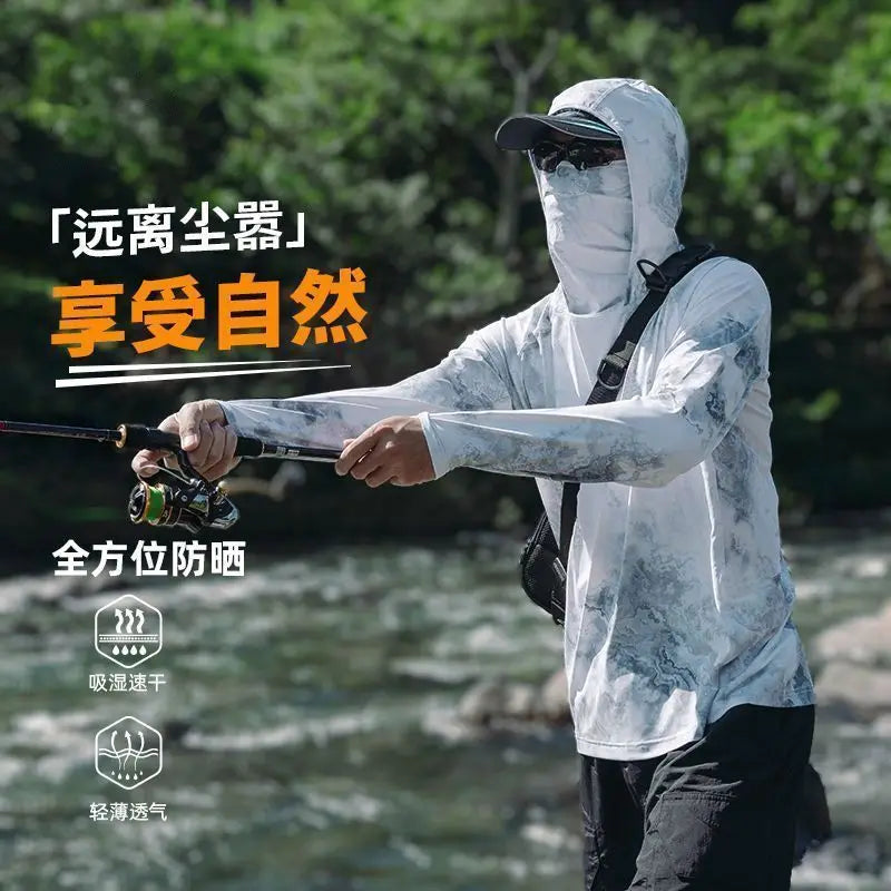 Ultra-thin Tshirts Summer Trendy Prints Lightweight UPF Sun Hoodie with Face Mask Shirt Long Sleeve Breathable UV Fishing Shirt