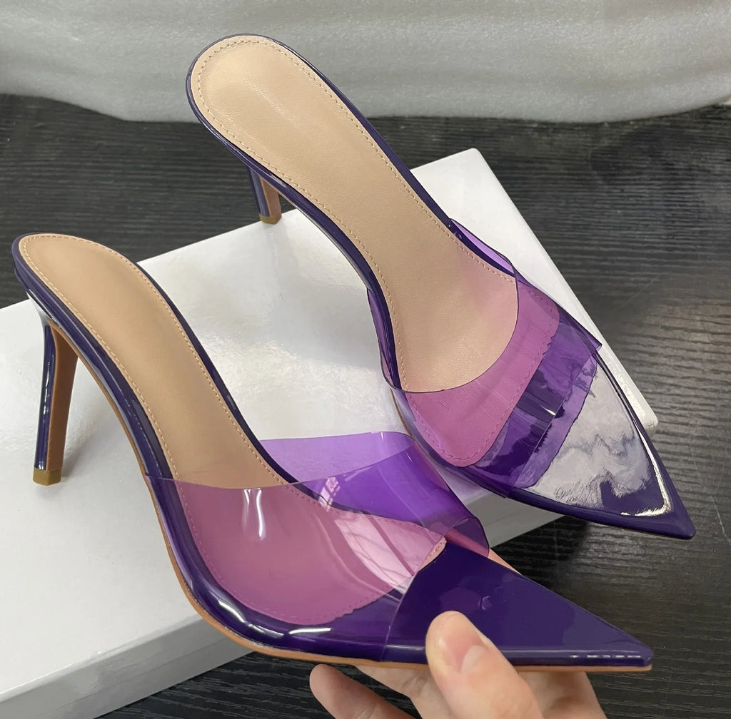 New Summer Women's High-heeled Sandals Simple Transparent High-heeled Slippers Stiletto Pointed Open-toed Slippers Mules