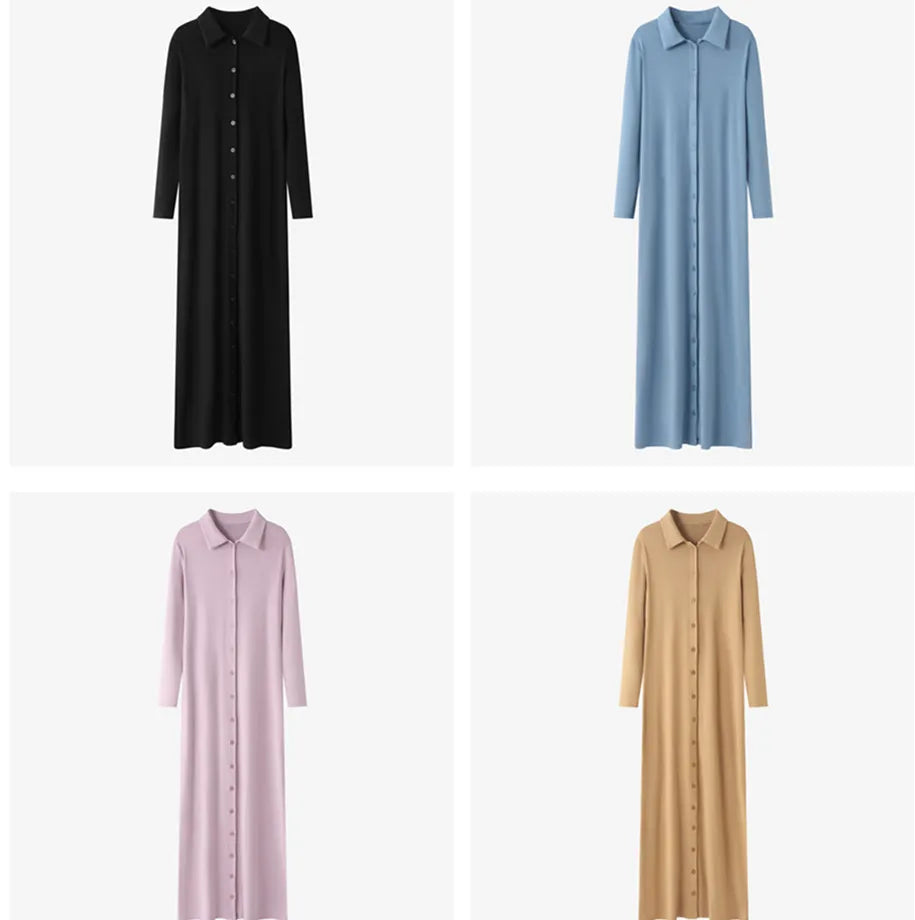 2024 maxi dress button design woman clothes full sleeve Ankle Length comfortable ribbing clothing  ( Ship out in 1 day)