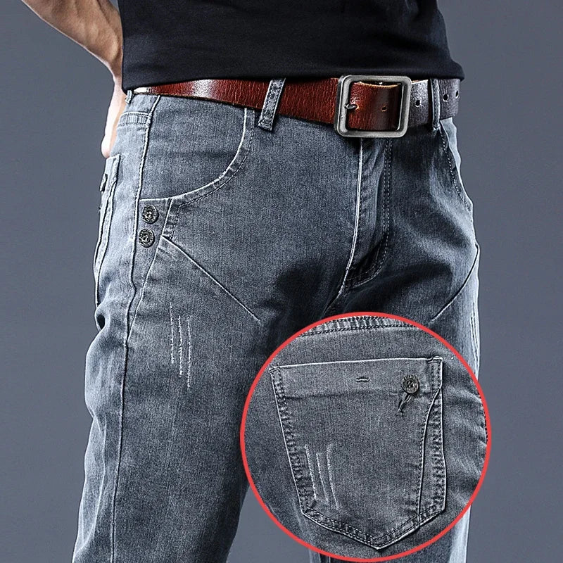 2026 New Gray Skinny Jeans Men's Slim Elastic Korean Fashion Vintage Casual Feet Male Clothing Denim Trousers 27-36