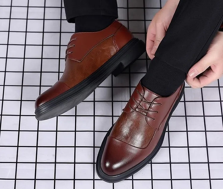 Men's Genuine Leather Oxfords Pointed Toe Lace Up Dress Shoes British Style Business Wedding Casual Footwear for Spring Autumn