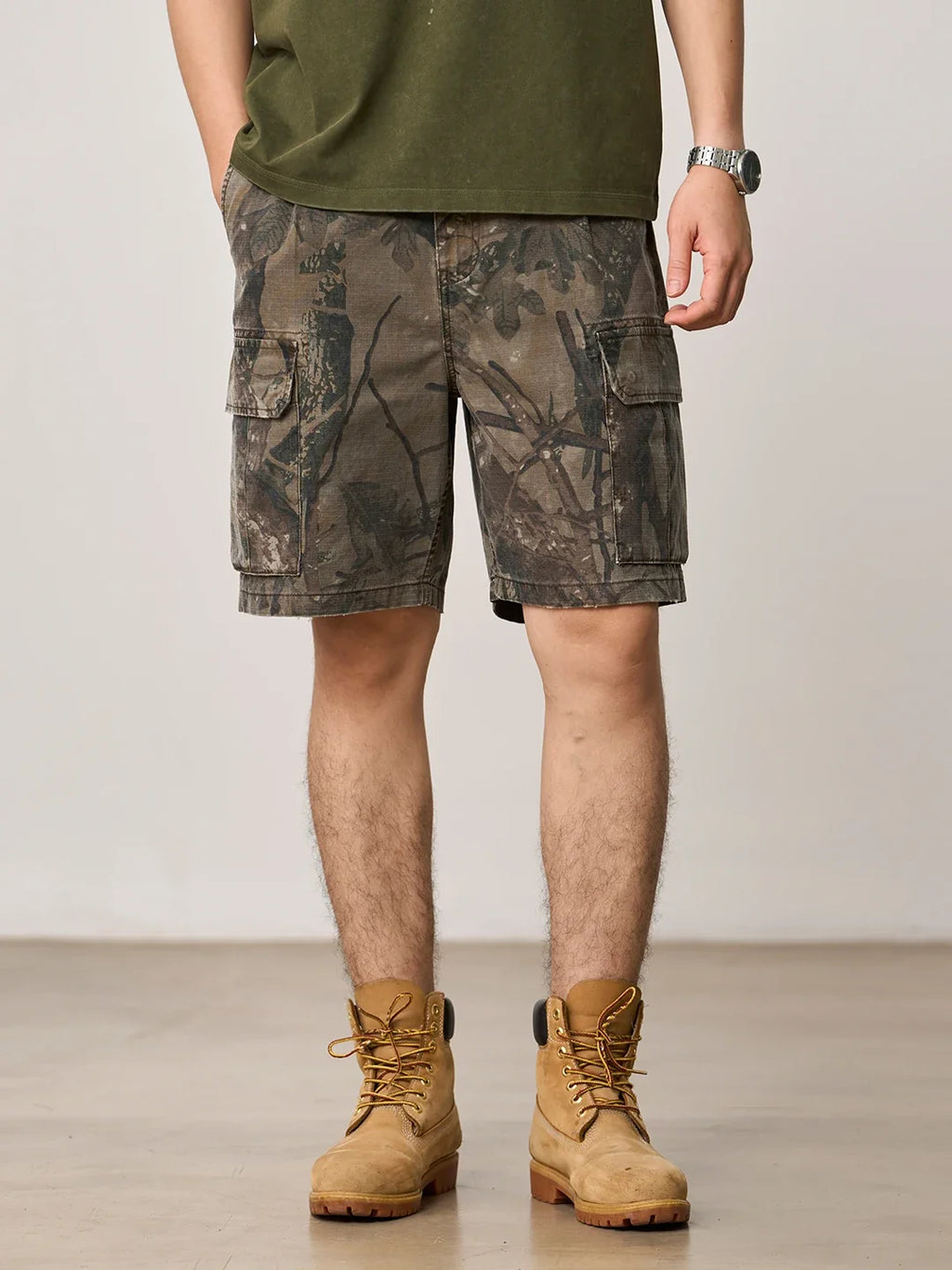 2026 Summer New Distressed Camouflage Shorts Men Loose Baggy Cargo Pants 270gsm Cotton Washed Frayed Hem Tactical Shorts
