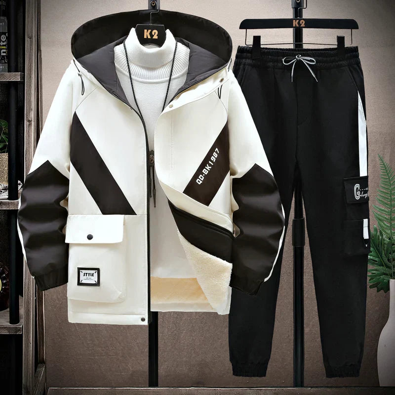 Winter Tracksuit Men Warm Sports Printed Thick Suit Mens Casual Hooded jacket+Pants Sweatsuit Male 2 Piece Sportswear