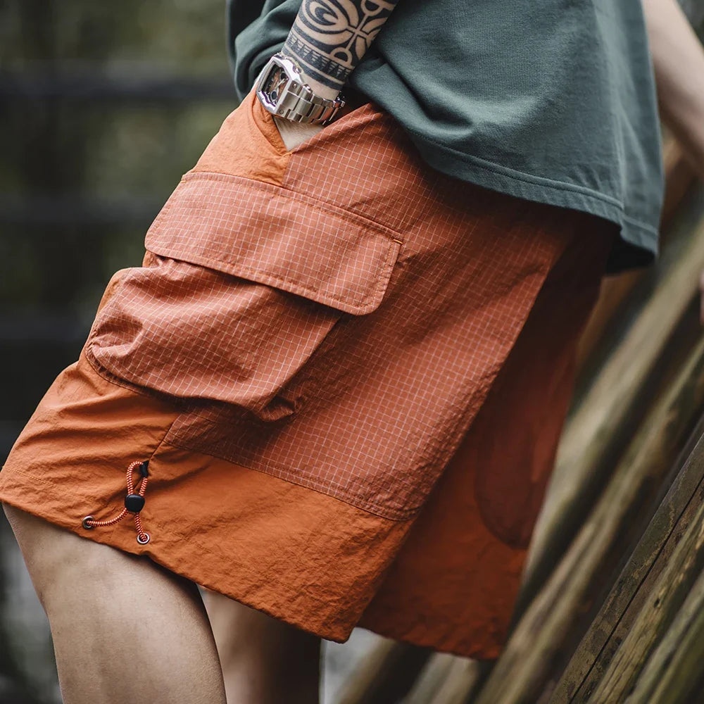 Summer Men Straight Shorts Orange Patchwork Gingham Loose Beach Pants Plus Size Shorts Elastic Waist Light Breathable