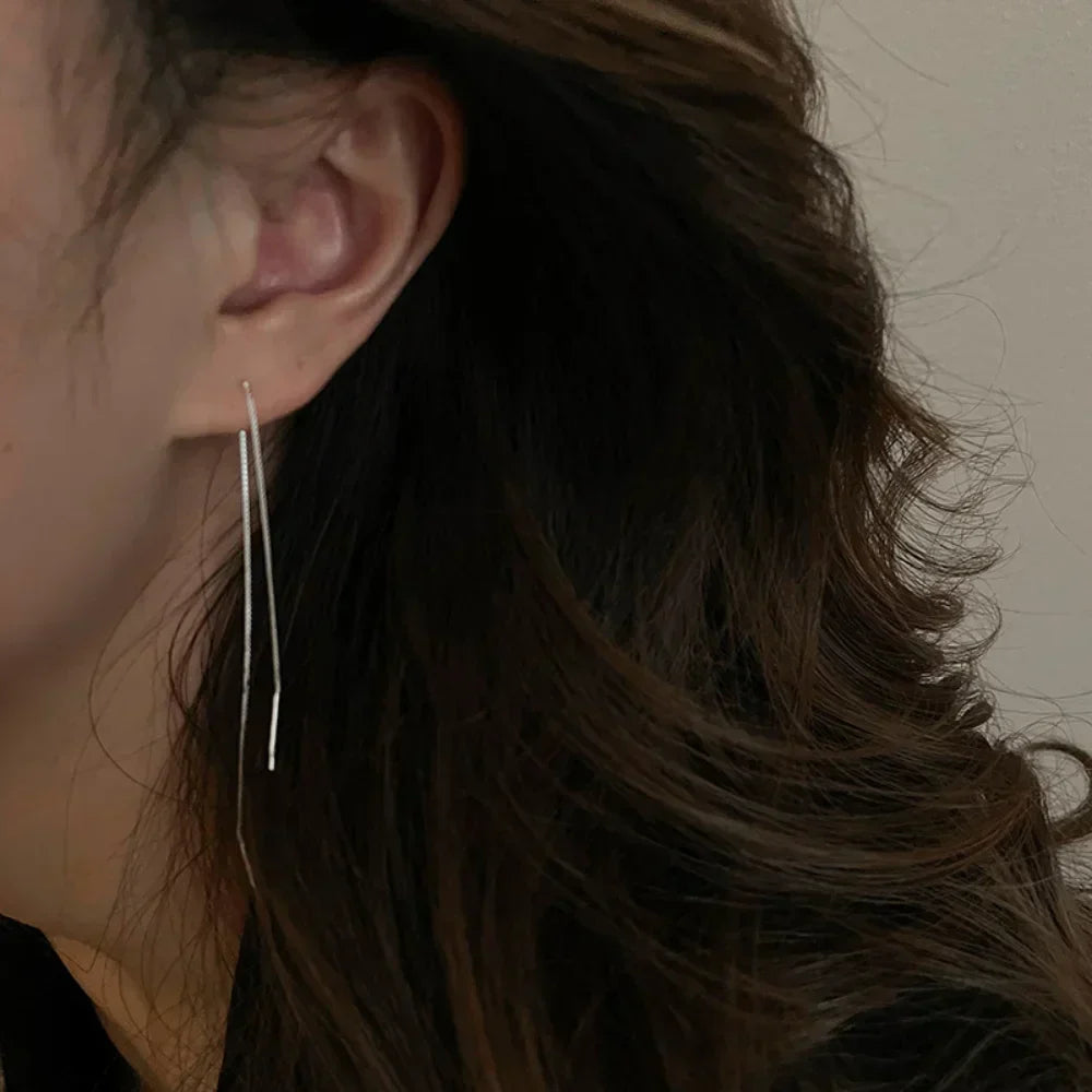 Retro Classic Long Tassel Ear Line Drop Dangle Earring for Women Charm Silver Color Stainless Steel Chain Hanging Earing Jewelry