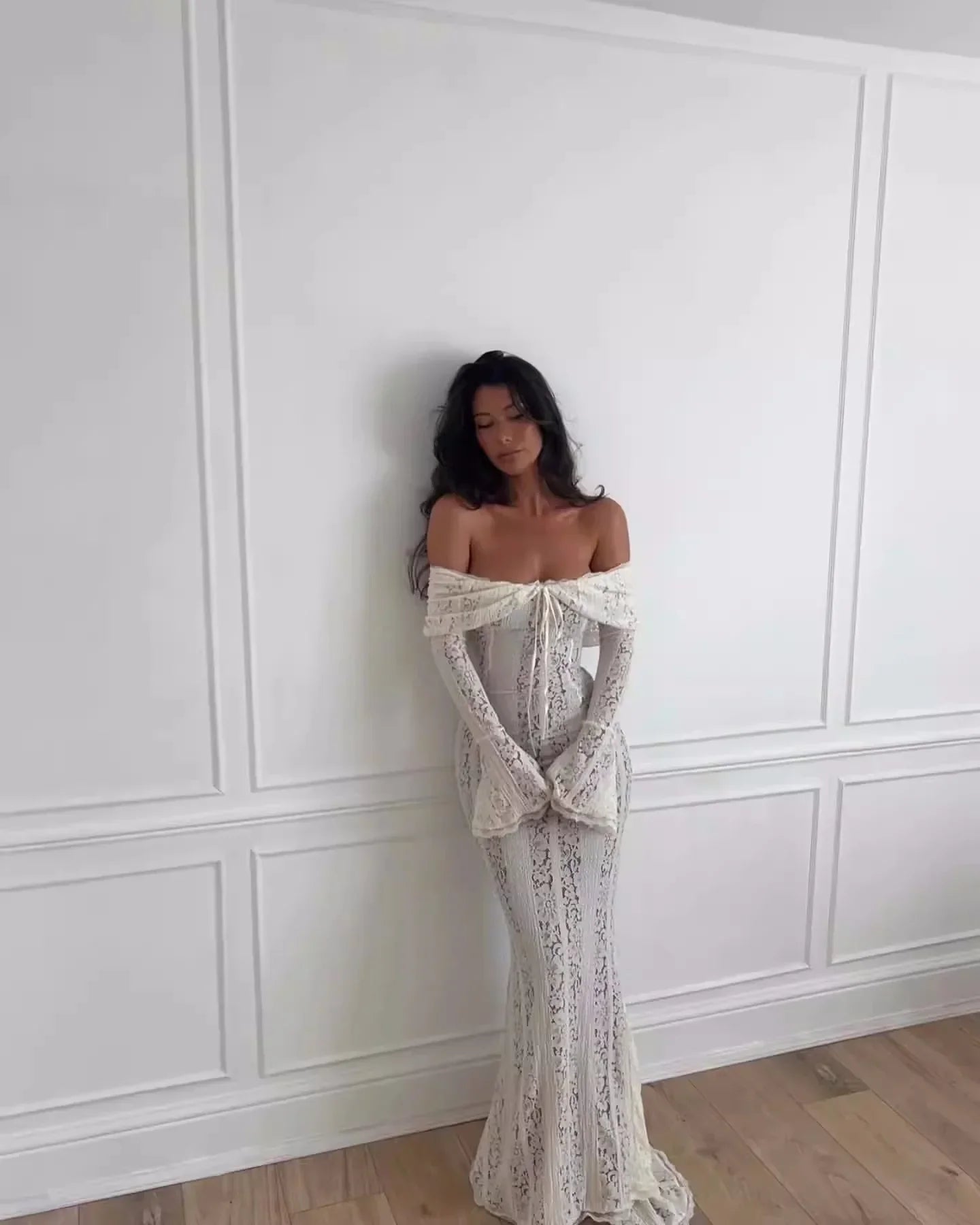 Oligai Elegant Off The Shoulder Bodycon Dress 2024 New in White Flare Sleeve Lace Maxi Dress Wedding Guest Dress for Women