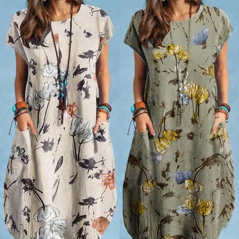 Women Summer Dress Bohemian Floral Print Vestido O-Neck Short Sleeve Pockets Sundress Fashion Casual Elegant Holiday Robe