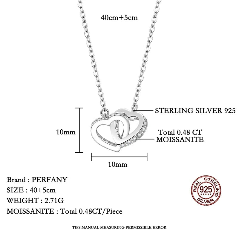 All Moissanite Necklace for Women S925 Pure Silver Double Heart Design Laboratory Diamond Pendant Fashion Luxury Jewelry