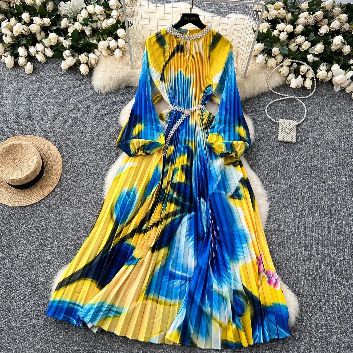 High-End Women's Dr Faionable Beaded round Ne Hollow out Pleated Lantern Sve Waist Cinched Floral Print Lon...