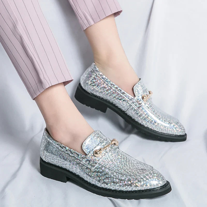 Men's Glossy Leather Shoes European American Luxury Blue High-end Banquet Loafers Commuting Party Dress Formal Shoes Size：38-46