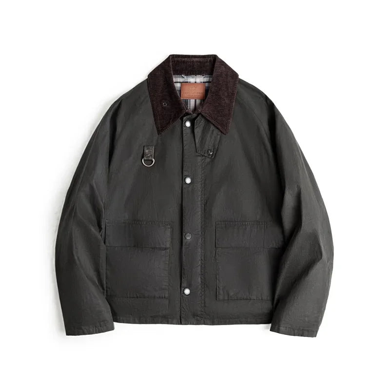 Vintage Spey Waxed Fishing Jacket Distressed Outdoor Corduroy Collar with Pockets Coat for Men's Autumn Classic Overcaot