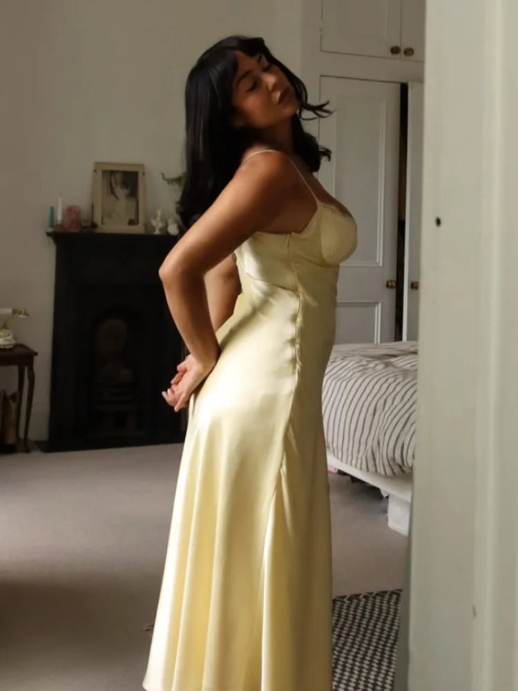 Yellow V Neck Satin Lace Patchwork Maxi Dress Chic Spaghetti Strap Backless Slip Robe 2026 Summer New Lady Beach Holiday Vestido