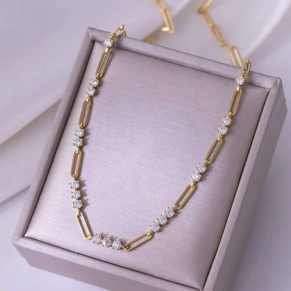 S925 Sterling Silver Paperclip Necklace with 3mm Round Moissanite Diamond Layering Link Chain Necklace for Women Fine Jewelry