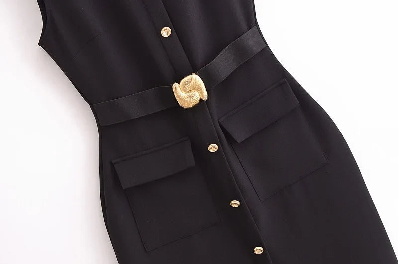 2025 Womens Dresses Black Office Long Dresses for Women Spring Sleeveless Midi Dress Woman Belt Button Women's Dress Vest