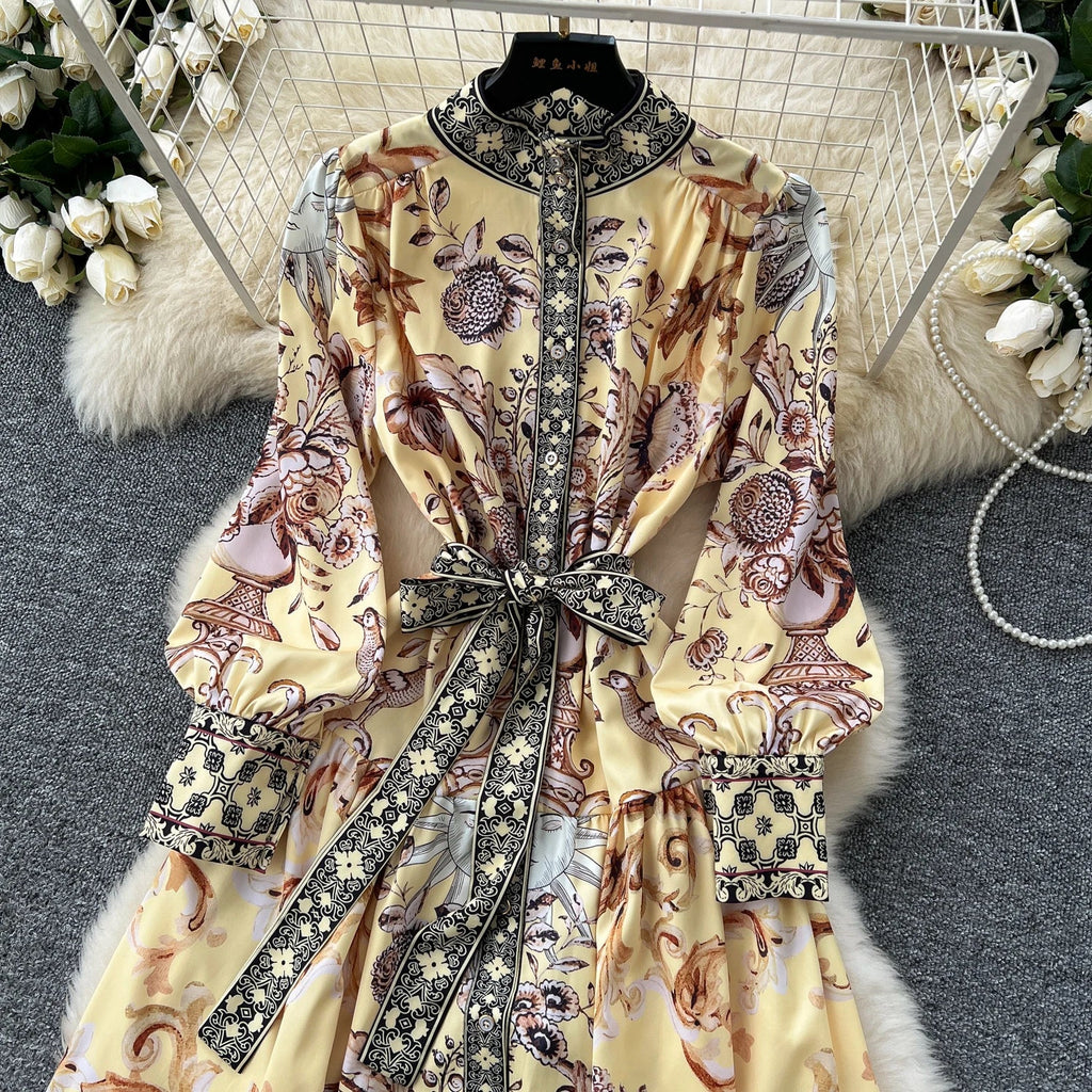 Retro Faion Print Stand Collar Single Button Women's Dr Waist Cinched Floor Length Skirt Korean Sle High Waist Long Sl...