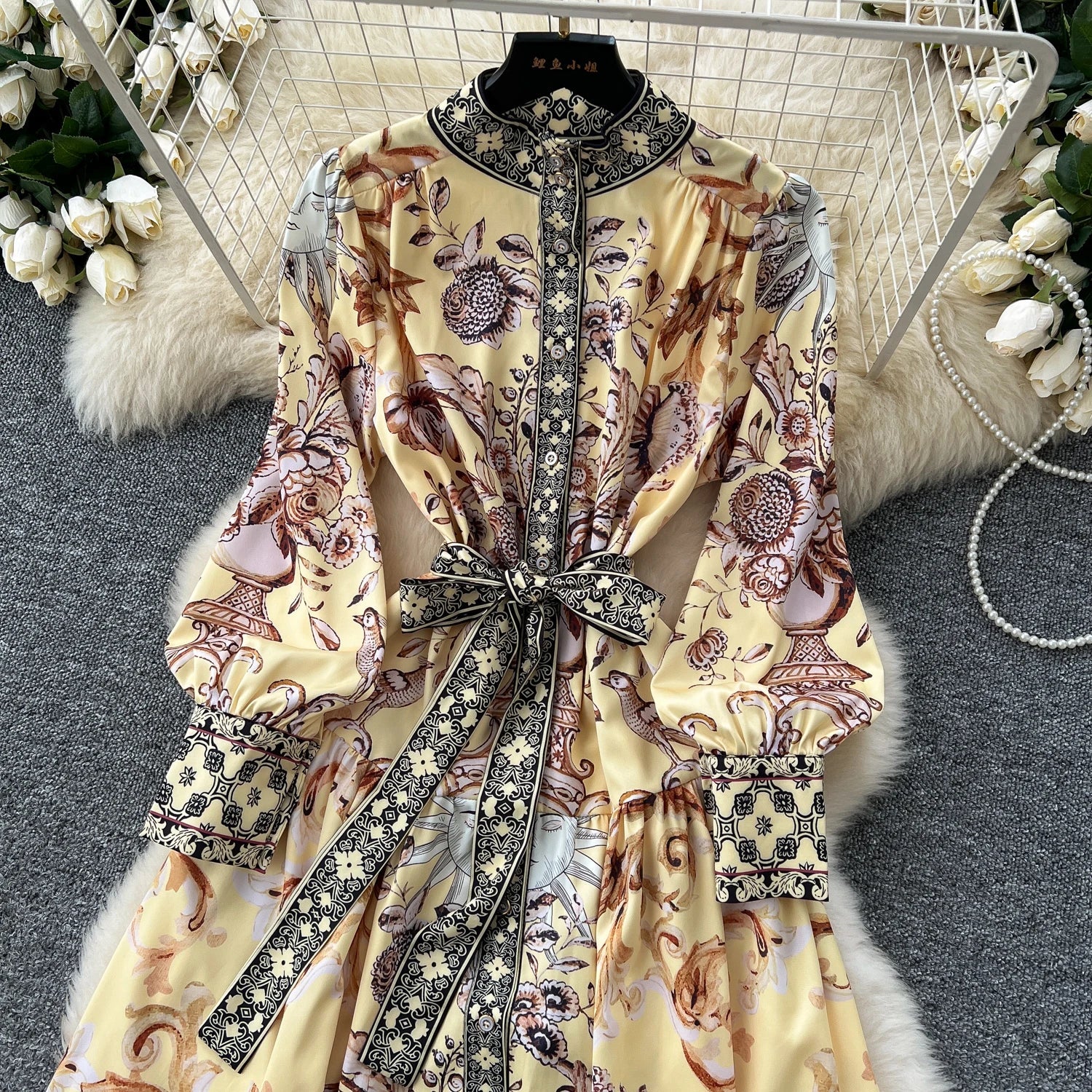 Retro Faion Print Stand Collar Single Button Women's Dr Waist Cinched Floor Length Skirt Korean Sle High Waist Long Sl...