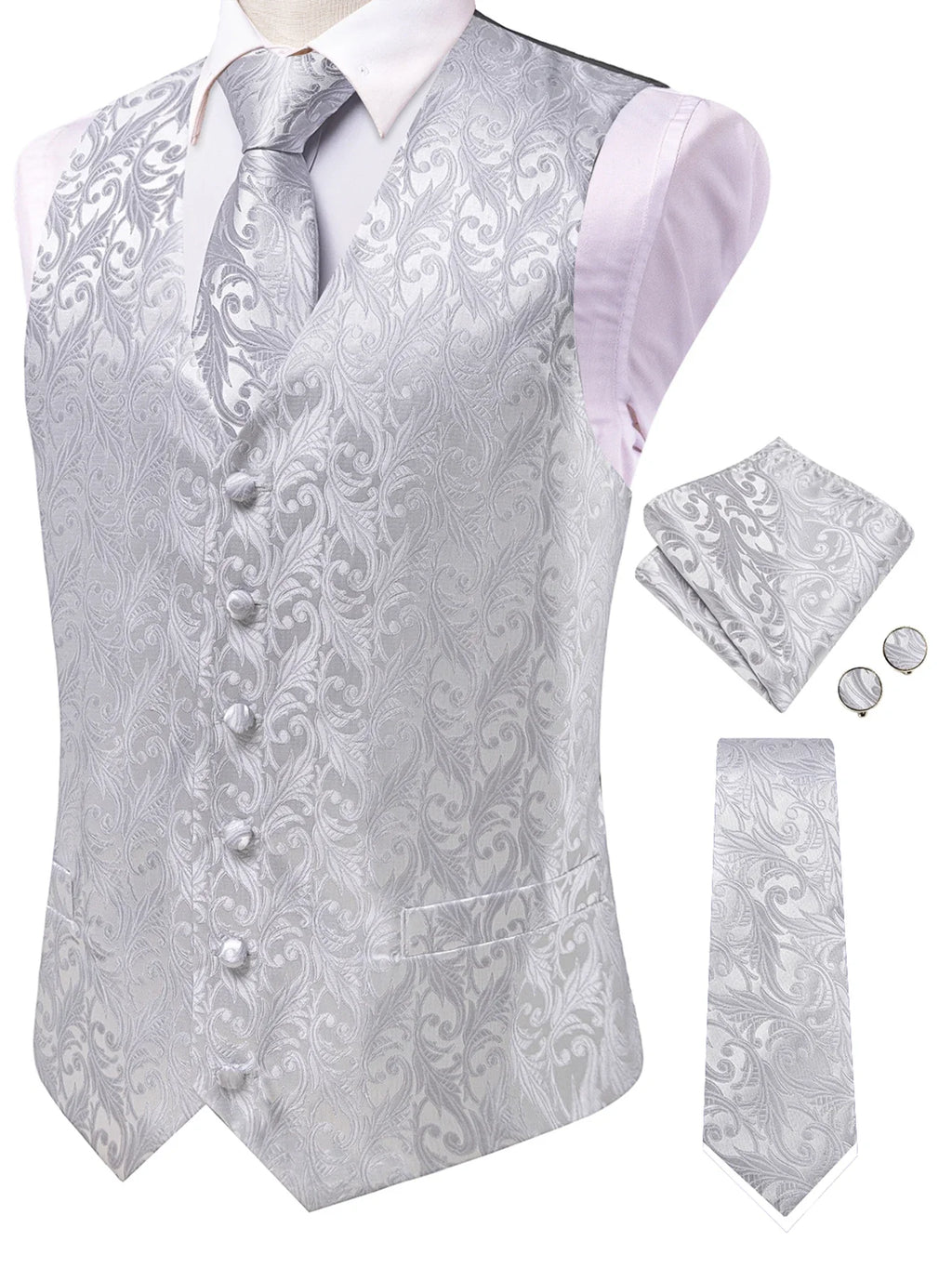 Men's Classic Floral Vest & Tie Hanky Cufflinks Set – Waistcoat for Weddings Events Party Gift