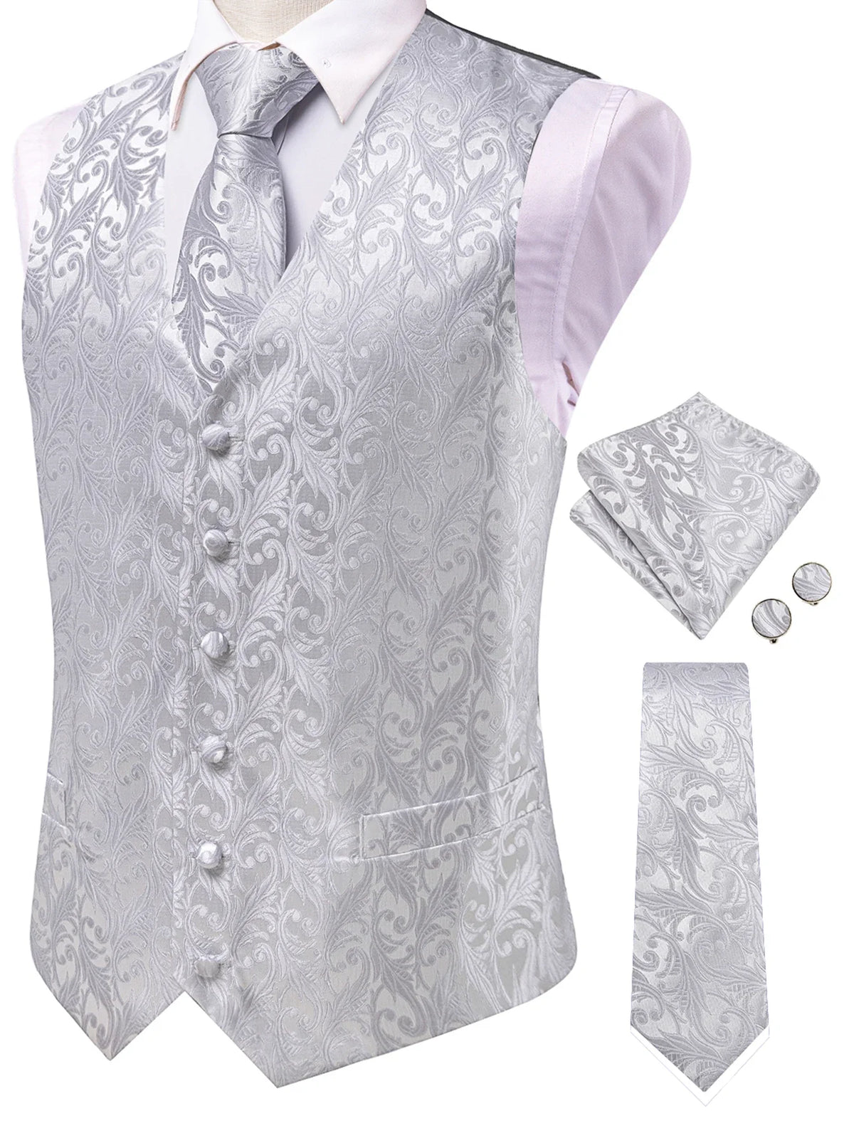 Men's Classic Floral Vest & Tie Hanky Cufflinks Set – Waistcoat for Weddings Events Party Gift