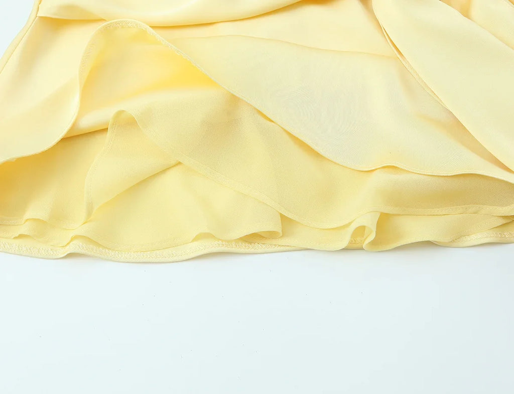 Chic Sexy 2026 Women Mini Dress Fashion Summer Asymmetric Neck-mounted Mini Dress Lace Yellow Sleeveless Female Vestidos