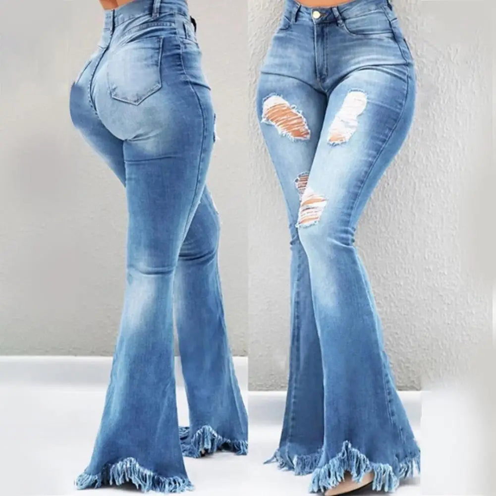 Women Flared Pants High Waist Pockets Ripped Holes Bell Bottom Trousers