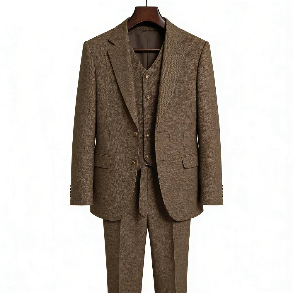 Brown Tweed Sharkskin Men's Formal Suit 3-Piece Smoking Jacket Vest Trousers Business Wedding Grooming